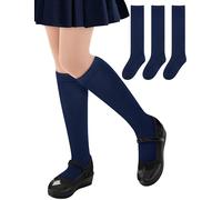 qikqik Lot de 3 paires de chaussettes hautes pour uniforme scolaire en coton pour filles, chaussettes habillées sans couture pour enfants, 3 paires bleu marine, 3-5 ans