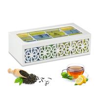 QILICZ Boîte à thé, à motif perforé, en bois, avec 12 compartiments de séparation, pour sachets de thé, sucre, capsules de café, blanc, boîte de conservation en verre, couvercle