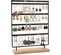 QILICZ Porte-bijoux, à 100 trous, organisateur de boucles d'oreilles, en métal, à 5 niveaux avec base en bois, 35 x 27 cm, pour le rangement