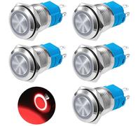 QIMEI-SHOP Bouton Poussoir Momentané 16mm Interrupteur Poussoir 12V/24V DC 3A Étanche Interrupteur à Bouton-poussoir en Laiton Chromé avec Lumière LED Anneau Rouge 5 Pièces