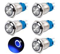 QIMEI-SHOP Bouton Poussoir Momentané 16mm Interrupteur Poussoir 12V/24V DC 3A Étanche Interrupteur à Bouton-poussoir en Laiton Chromé avec Lumière LED Anneau Bleu 5 Pièces