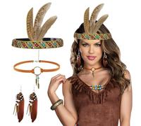 QIMMU Coiffe Indienne,Coiffe Indienne Femme,Indien Accessoires de Carnaval,Bandeau en Plumes Indiennes, Boucle d'Oreille Plumes,Collier Ras du Cou Bohème,pour Deguisement Indienne Femme,Carnaval