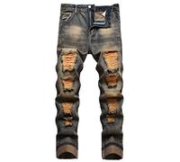 QIMYUM Jean déchiré pour homme, pantalon en denim coupe slim à jambe droite et effet usé, 46