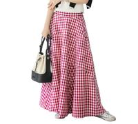 Qin Derdom Jupe Longue à Vichy Taille Unique pour Femme - Jupe Maxi Fluide à Carreaux Trapèze avec Taille Haute Élastique, Jupe Décontractée Rétro en Coton Superposé Coupe Ample