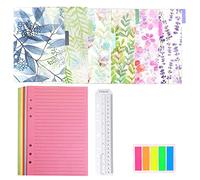 QincLing Lot de carnets A5 rechargeables, 1 lot de 50 feuilles de papier de recharge ligné à 6 trous, 6 intercalaires en PVC, intercalaires de sujet, règle et 125 onglets de notes