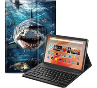 Qindaiwen Étui avec clavier Bluetooth amovible pour tablette Amazon Fire HD 10 10,1", version 2023/2021 (13e/11e génération, version 2023/2021) 10,1", motif Angry Shark