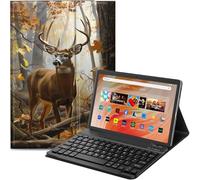 Qindaiwen Étui avec clavier Bluetooth amovible pour tablette Amazon Fire HD 10 10,1", version 2023/2021 (13e/11e génération) 10,1", cerf forestier