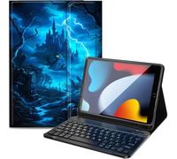 Qindaiwen Étui avec clavier pour iPad 9e/8e/7e génération 10,2", clavier Bluetooth amovible, en similicuir avec porte-crayon pour iPad 10.2 2021/2020/2019, château foncé
