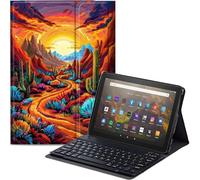Qindaiwen Étui clavier pour Amazon Fire HD 8/8 Plus (12e génération/10e génération, sortie 2024/2022/2020), support en cuir synthétique avec clavier Bluetooth amovible, paysage désert