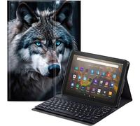 Qindaiwen Étui clavier pour Amazon Fire HD 8/8 Plus (12e génération/10e génération, version 2024/2022/2020), support en cuir synthétique avec clavier Bluetooth amovible, motif Wolf's Gaze