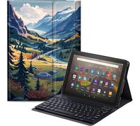 Qindaiwen Étui clavier pour Amazon Fire HD 8/8 Plus (12e génération/10e génération, version 2024/2022/2020), support en cuir synthétique avec clavier Bluetooth amovible, Alpes suisses