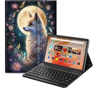 Qindaiwen Étui clavier pour tablette Amazon Fire HD 10 (13e/11e génération, sortie en 2023/2021) 10,1", similicuir avec support et clavier Bluetooth amovible, motif lune de renard