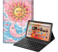 Qindaiwen Étui clavier pour tablette Amazon Fire HD 10 (13e/11e génération, sortie en 2023/2021) 10,1", similicuir PU avec clavier Bluetooth amovible, soleil et lune