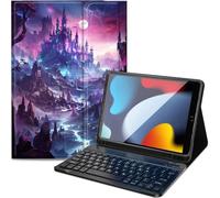 Qindaiwen Étui de clavier pour iPad 9e/8e/7e génération 10,2", clavier Bluetooth amovible, en similicuir avec porte-crayon pour iPad 10.2 2021/2020/2019, grand château