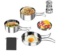 QINERSAW 4 PCS Kit de Casserole Camping INOX Set Ustensile Cuisine Camping Batterie de Cuisine pour Camping Popote Camping Acier INOX Casseroles et Poëles de Camping pour Cuisson des Aliments