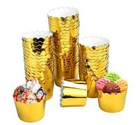QINERSAW 50 PCS Moules à Cupcakes Dorés Gobelets en Papier Gobelets à Muffins Gobelets à Dessert Gobelets en Chocolat Gelées Gâteaux pour Mariages, Anniversaires, Fêtes, 45 x 50 mm (Doré)