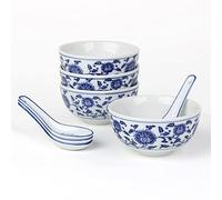 Qing Hua Ci Lot de 4 bols à riz en porcelaine avec cuillères chinoises Bleu cobalt