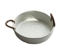 QINGGANG-0224 Centre de table décoratif Coupe à fruits en céramique avec anses rotin, texture alvéolée, plat de service décoratif for la cuisine et salle manger(Blanc,Petit)