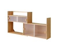 QINGGANG-0224 Rangement de Livres Bibliothèque de Bureau rétractable, présentoir réglable en Bambou, avec Armoire de Rangement à Porte coulissante en Verre, for Salon, Bureau, étude étagères à Livres