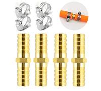 QINGHEC 4 pièces connecteur cannelé en laiton, raccord de tuyau droit 2 voies avec 8 colliers de serrage en acier inoxydable, Connecteur de Tuyau en Laiton pour eau/carburant/air