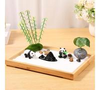 QINGLANG Zen Ensemble de jardin pour décoration de salle de bureau avec sable vert, mini kit de jardin zen relaxant, panda, ornements décoratifs, botte de foin, montagne en céramique, pierres et