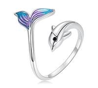 Qings Bague Dauphin Queue De Sirène 925 Sterling Argent Anneau Animaux Reglable Ouverte Bleue Océan Mermaid Tail Cadeau pour Maman Femme et Fille