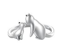 Qings Bague Femme Chat Argent Sterling 925 Mignon Reglable Ouvert Animaux Anneau avec Zircone Cubique en Forme de Coeur pour Amoureux des Chats Cadeau Noël Anniversaire Bijoux