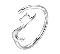 Qings Bague Femme Chat Argent Sterling 925 Mignon Reglable Ouvert Animaux Anneau avec Zircone Cubique en Forme de Coeur pour Amoureux des Chats Cadeau Noël Anniversaire Bijoux