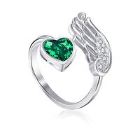 Qings Bague Pierre de Naissance Réglable Emeraude pour Femme Bague Plume d'ailes d'ange en Argent Sterling 925 Bague Ouverte Zirconium Coeur Vert Mai Cadeaux D'anniversaire pour Maman Fille