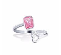 Qings Bague Pierre de Naissance Réglable en Argent Sterling 925, Bague Tourmaline Pierre de Naissance Octobre Coeur D'amour Carré Zircon Ouverte Bague Bijoux Cadeaux pour Femmes Filles