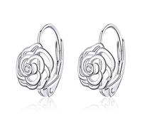 Qings Boucles d'oreilles anneaux fleur rose scintillante Argent sterling 925 Amour minuscule Zircone cubique incrustée comme cadeau pour les femmes et les filles, Zircone cubique Platine, Zircone