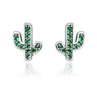 Qings Boucles d'oreilles cactus scintillantes Argent sterling 925 Clous d'oreilles à éléments végétaux symétriques verts brillants pour femmes