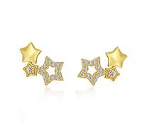 Qings Boucles d'Oreilles étoile en Argent 925, Boucle d'Oreilles Hypoallergénique Plaqué Or 18K,Zircon Brillant Trois étoiles Boucles d'oreilles Grimpeur Cadeau Noël Anniversaire pour Femme Fille