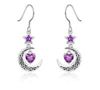 Qings Boucles d'oreilles Lune en Argent 925 avec Grenat Améthyste Aigue Marine Emeraude Rubis Péridot Saphir Pendantes Boucles d'oreilles d'étoile Celtique avec Cœur de Pierres de Naissance pour Femme