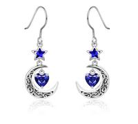 Qings Boucles d'oreilles Lune en Argent 925 avec Grenat Améthyste Aigue Marine Emeraude Rubis Péridot Saphir Pendantes Boucles d'oreilles d'étoile Celtique avec Cœur de Pierres de Naissance pour Femme