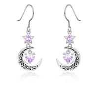 Qings Boucles d'oreilles Lune en Argent 925 avec Grenat Améthyste Aigue Marine Emeraude Rubis Péridot Saphir Pendantes Boucles d'oreilles d'étoile Celtique avec Cœur de Pierres de Naissance pour Femme