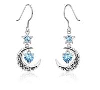 Qings Boucles d'oreilles Lune en Argent 925 avec Grenat Améthyste Aigue Marine Emeraude Rubis Péridot Saphir Pendantes Boucles d'oreilles d'étoile Celtique avec Cœur de Pierres de Naissance pour Femme