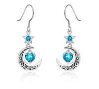 Qings Boucles d'oreilles Lune en Argent 925 avec Grenat Améthyste Aigue Marine Emeraude Rubis Péridot Saphir Pendantes Boucles d'oreilles d'étoile Celtique avec Cœur de Pierres de Naissance pour Femme