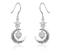 Qings Boucles d'oreilles Lune en Argent 925 avec Grenat Améthyste Aigue Marine Emeraude Rubis Péridot Saphir Pendantes Boucles d'oreilles d'étoile Celtique avec Cœur de Pierres de Naissance pour Femme
