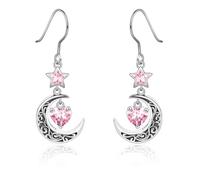 Qings Boucles d'oreilles Lune en Argent 925 avec Grenat Améthyste Aigue Marine Emeraude Rubis Péridot Saphir Pendantes Boucles d'oreilles d'étoile Celtique avec Cœur de Pierres de Naissance pour Femme