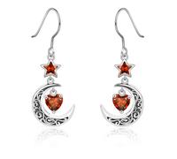 Qings Boucles d'oreilles Lune en Argent 925 avec Grenat Améthyste Aigue Marine Emeraude Rubis Péridot Saphir Pendantes Boucles d'oreilles d'étoile Celtique avec Cœur de Pierres de Naissance pour Femme
