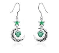 Qings Boucles d'oreilles Pendantes Lune en Argent 925 Mai Emeraude Boucles d'oreilles Celtiques Lune et étoile avec Cœur Pierres de Naissance Zirconia pour Femmes