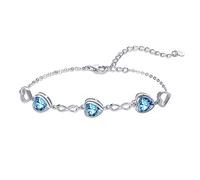 Qings Bracelet de Pierres de Naissance Aigue Marine de Coeur Argent Sterling Mars Bracelet Réglable en Symbole de l'infini avec 3 Cœurs en Zirconium Cadeaux d'anniversaire Noël pour Femme Fille Elle