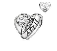 Qings Charm 925 Argent Sterling Charme d'Avril Blanc Cz Naissance Gemme Charms Bracelet Collier Chaine Pendentif Anniversaire Bijoux Love Coeur Forme Amour Ange Aile Initiale Creux Cadeau Mamie Sister