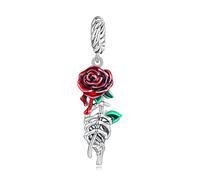 Qings Charms Halloween Argent Sterling 925 - Fleur de Rose et Squelette Charm Rose Émail Pendentif Compatible avec Européen Bracelets Colliers Fabrication de Bijoux, DIY Cadeau pour Femmes et Filles