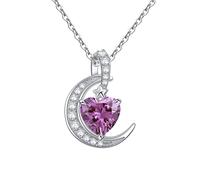 Qings Collier Pierre de Naissance Coeur Lune - Collier FéVrier AméThyste Violette Femmes Amour Toujours Collier en Argent Sterling 925 Pierre de Naissance Pendentif Bijoux pour Femmes Filles