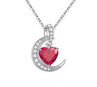 Qings Collier Pierre de Naissance Coeur Lune - Collier Juillet Rubis Rouge Femmes Amour Toujours Collier en Argent Sterling 925 Pierre de Naissance Pendentif Bijoux pour Femmes Filles