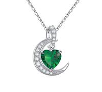 Qings Collier Pierre de Naissance Coeur Lune - Collier Mai éMeraude Verte Femmes Amour Toujours Collier en Argent Sterling 925 Pierre de Naissance Pendentif Bijoux pour Femmes Filles
