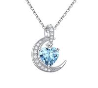 Qings Collier Pierre de Naissance Coeur Lune - Collier Mars Aigue-Marine Bleu OcéAn Femmes Amour Toujours Collier en Argent Sterling 925 Pierre de Naissance Pendentif Bijoux pour Femmes Filles
