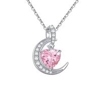 Qings Collier Pierre de Naissance Coeur Lune - Collier Octobre Tourmaline Rose Femmes Amour Toujours Collier en Argent Sterling 925 Pierre de Naissance Pendentif Bijoux pour Femmes Filles